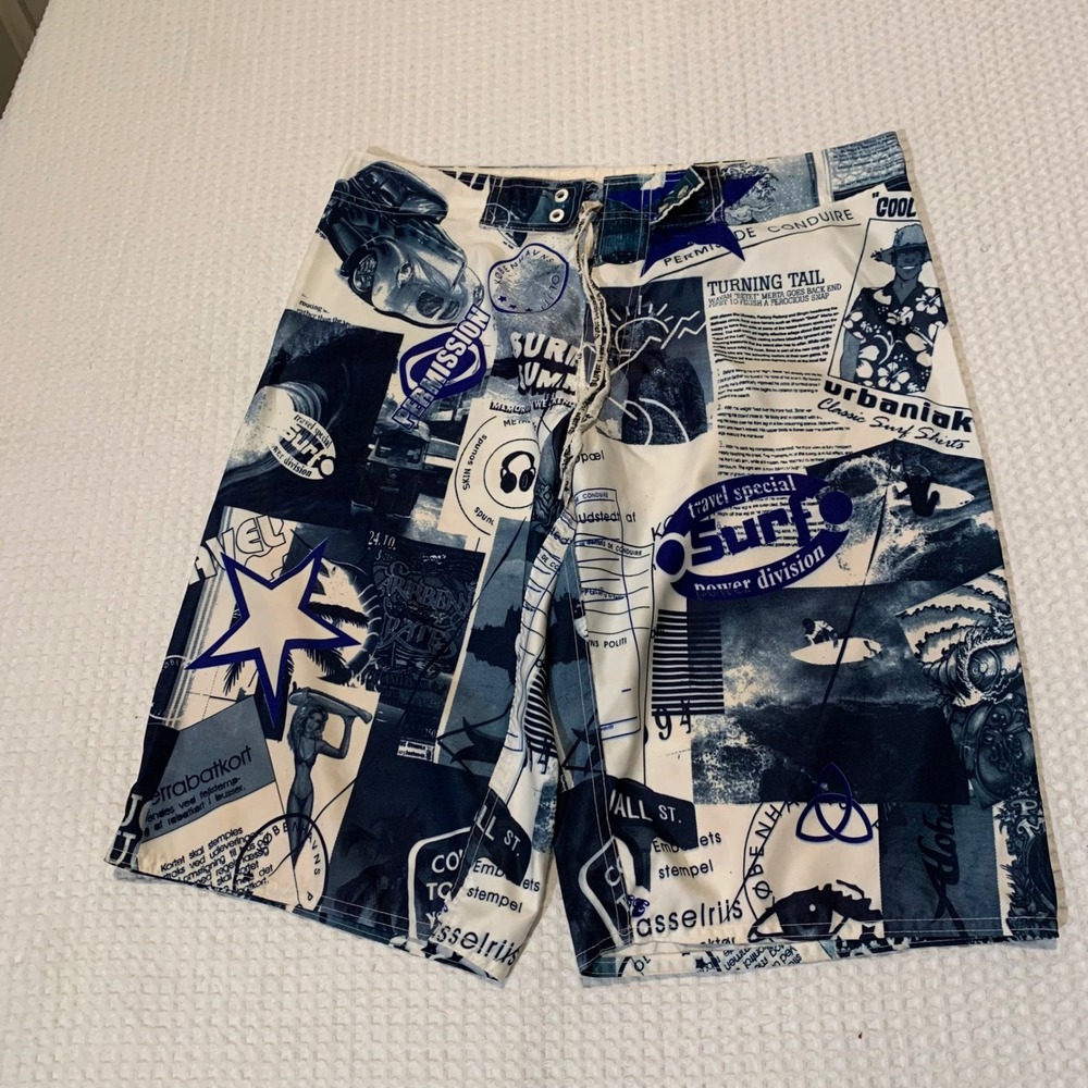 Mens Blue White Graphic Collage Print Board Shorts Swim Trunks Size 33